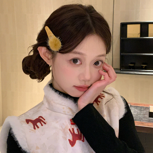 新中式毛球宋锦发夹复古百搭刘海夹发卡新年高级感侧边夹子发饰品