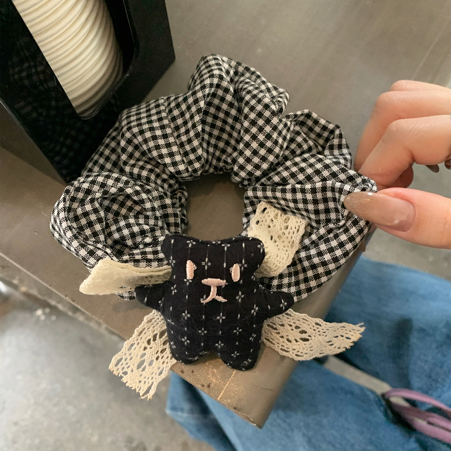 韩系藏青色小熊蝴蝶结发圈复古格纹大肠圈发绳扎马尾头绳头花发饰