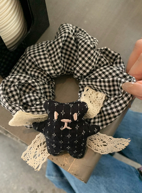 韩系藏青色小熊蝴蝶结发圈复古格纹大肠圈发绳扎马尾头绳头花发饰