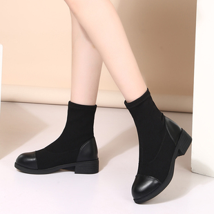 2026春秋短筒百搭弹力布靴女显瘦中跟薄款袜靴粗跟小短靴马丁靴子