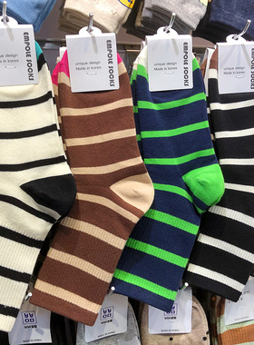韩国进口EMPOLE女士条纹棉袜东大门秋冬新款学院风运动中筒袜6087