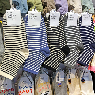 条纹袜子女中筒袜韩国进口ETNA百搭学院风舒适吸汗棉袜四季袜3103