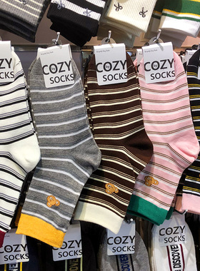 【她他韩袜】东大门新款学院风条纹小熊卡通少女袜拼色中筒棉4138