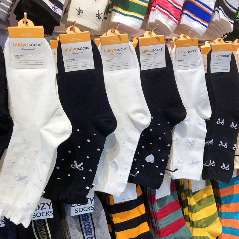 【她他韩袜】韩国袜子蝴蝶结女袜中筒秋冬新款纯色爱心棉袜1225