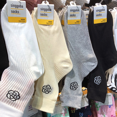 韩国singgoba春夏季薄款纯欲风玫瑰花女袜纯色百搭薄棉中筒袜9317