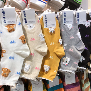 东大门新款 袜子甜美植绒花边卡通少女中筒蝴蝶结5192 她他韩袜