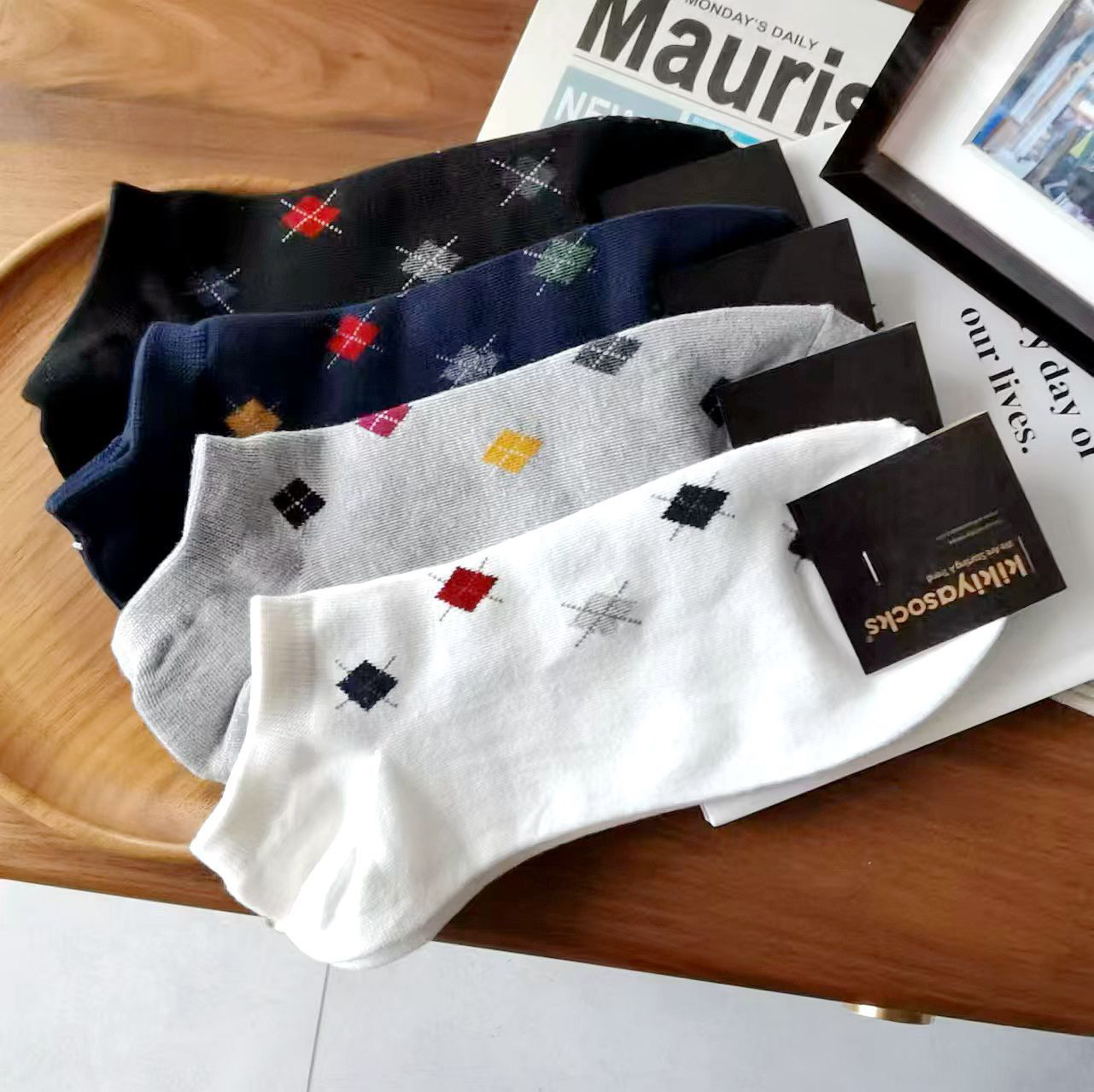 东大门新款男短棉袜休闲英伦菱形格商务袜kikiyasock韩国袜子1170