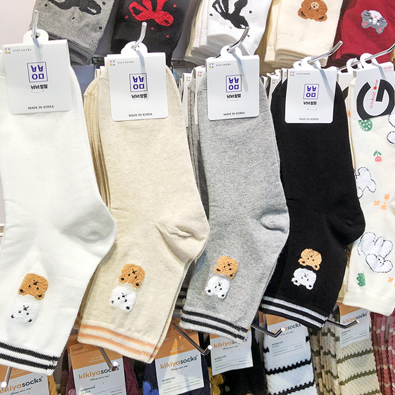 韩国袜子东大门可爱植绒卡通女生棉袜两杠条纹森系中筒袜9201