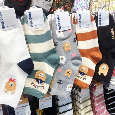 韩国VIVID卡通棉袜新款植绒小狗狗动漫少女袜拼色宽条中筒袜5136