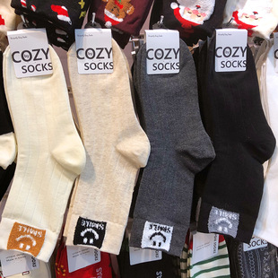 韩国东大门COZY女袜秋冬新款 植绒方形笑脸女生棉袜中筒4152