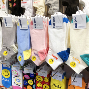 韩国进口袜子春夏新款 笑脸棉袜vivid马卡龙拼色跟短筒少女袜5087