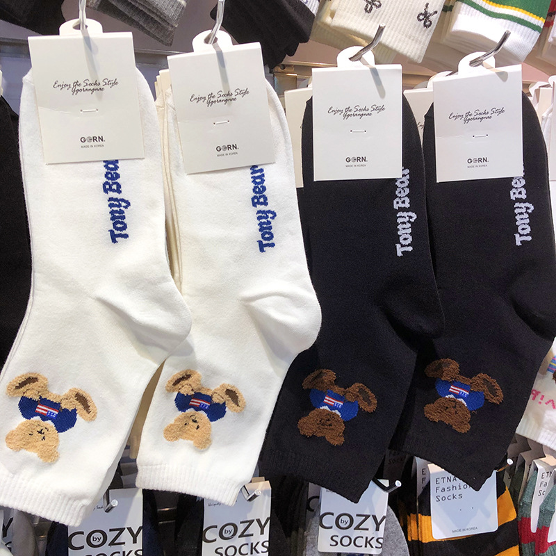 【她他韩袜】韩国ggorangnae新款女袜子T恤小熊卡通中筒棉袜2117