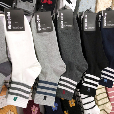 韩国东大门袜子男款vivid三杠条纹字母B运动棉袜秋冬中筒男袜5122