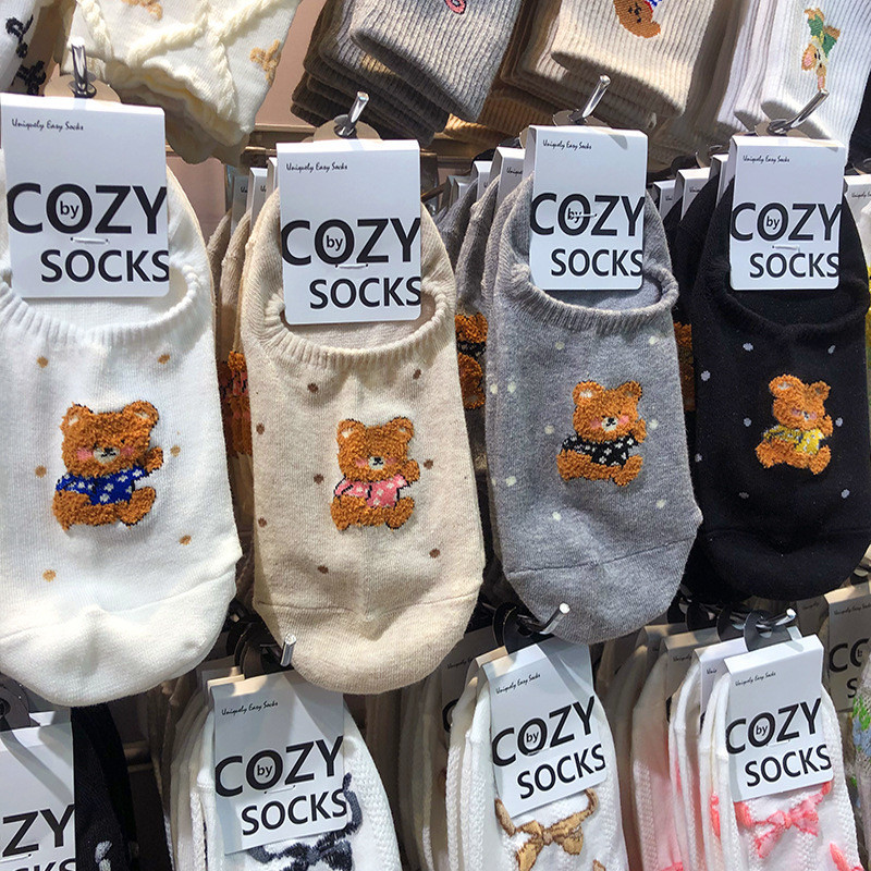 2025春夏新款船袜韩国进口少女植绒卡通小熊防脱短袜隐形袜4098