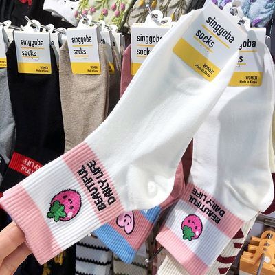 韩国Singgoba袜子爱心小熊多巴胺少女袜宽条水果笑脸棉袜中筒9263
