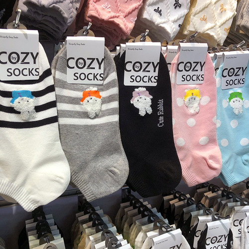 25韩国春夏新款袜子COZY植绒小兔卡通波点条纹少女短棉袜4092