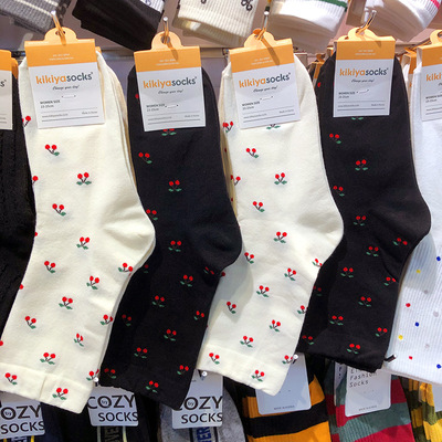 【她他韩袜】KIKIYA新款女袜可爱水果樱桃学生中筒袜休闲棉袜1237