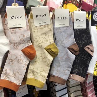 韩国进口KSOX棉袜秋季 女袜卡通简笔画小狗中筒拼色跟袜子9189 新款