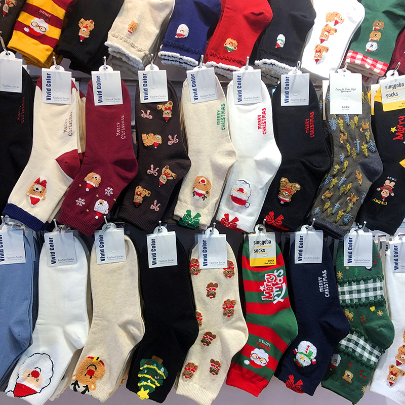 韩国进口秋冬新款棉袜圣诞老人派对中筒女袜可爱植绒卡通麋鹿5141