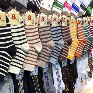 韩国进口女袜ETNA新款拼色条纹女生运动袜东大门潮流中筒棉袜3129