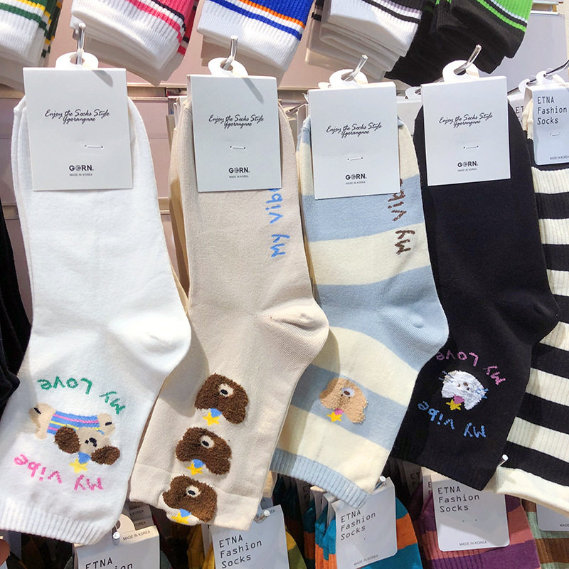 【她他韩袜】韩国植绒小熊小狗卡通袜少女中筒秋冬新款日系2111