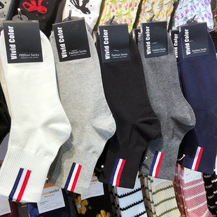 韩国进口男士 ins风红蓝条小图标中筒棉袜纯色潮男袜5126 袜子新款