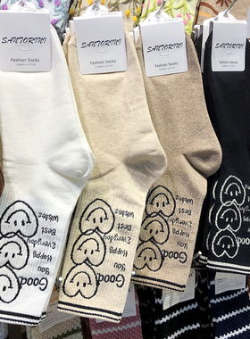 韩国ETNA卡通棉袜日系简笔画心形少女袜两杠条纹学院中筒袜子3089