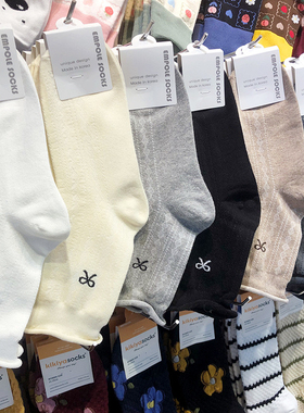 韩国EMPOLE秋季新款袜子蝴蝶结少女袜松口卷边中筒小菱形棉袜6053