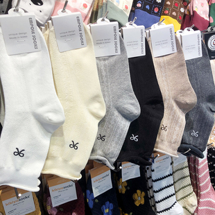 韩国EMPOLE秋季 袜子蝴蝶结少女袜松口卷边中筒小菱形棉袜6053 新款