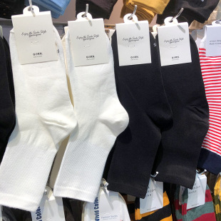 韩国进口女袜子黑白纯色螺纹中筒棉袜秋冬新款 2125 日系简约净版