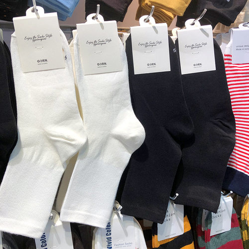 韩国进口女袜子黑白纯色螺纹中筒棉袜秋冬新款日系简约净版2125