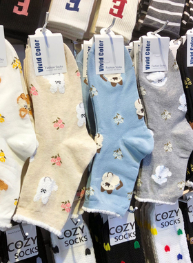 韩国vivid秋季新款袜子女可爱植绒卡通猫咪木耳花边中筒女袜5117