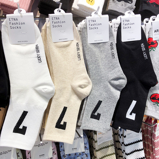 韩国ENTA袜子ins风数字7女生中筒运动棉袜纯色束腰少女袜3090