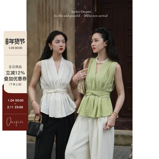【现货】Atelier Onepire|法式通勤绑带老钱风V领显瘦麻料上衣