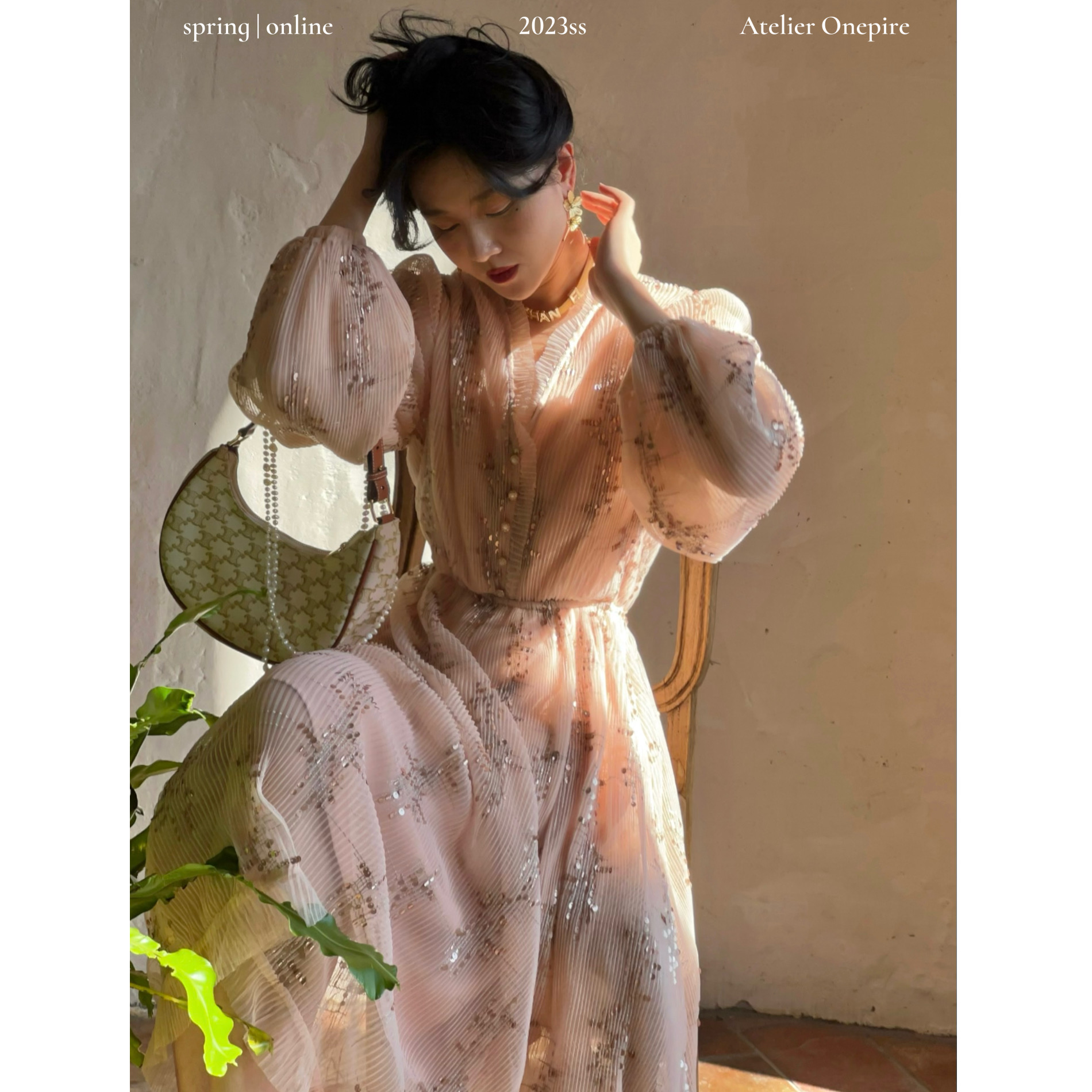 【现货】Onepire |peach sparkling wine|杏桃甜酒亮片压褶连衣裙