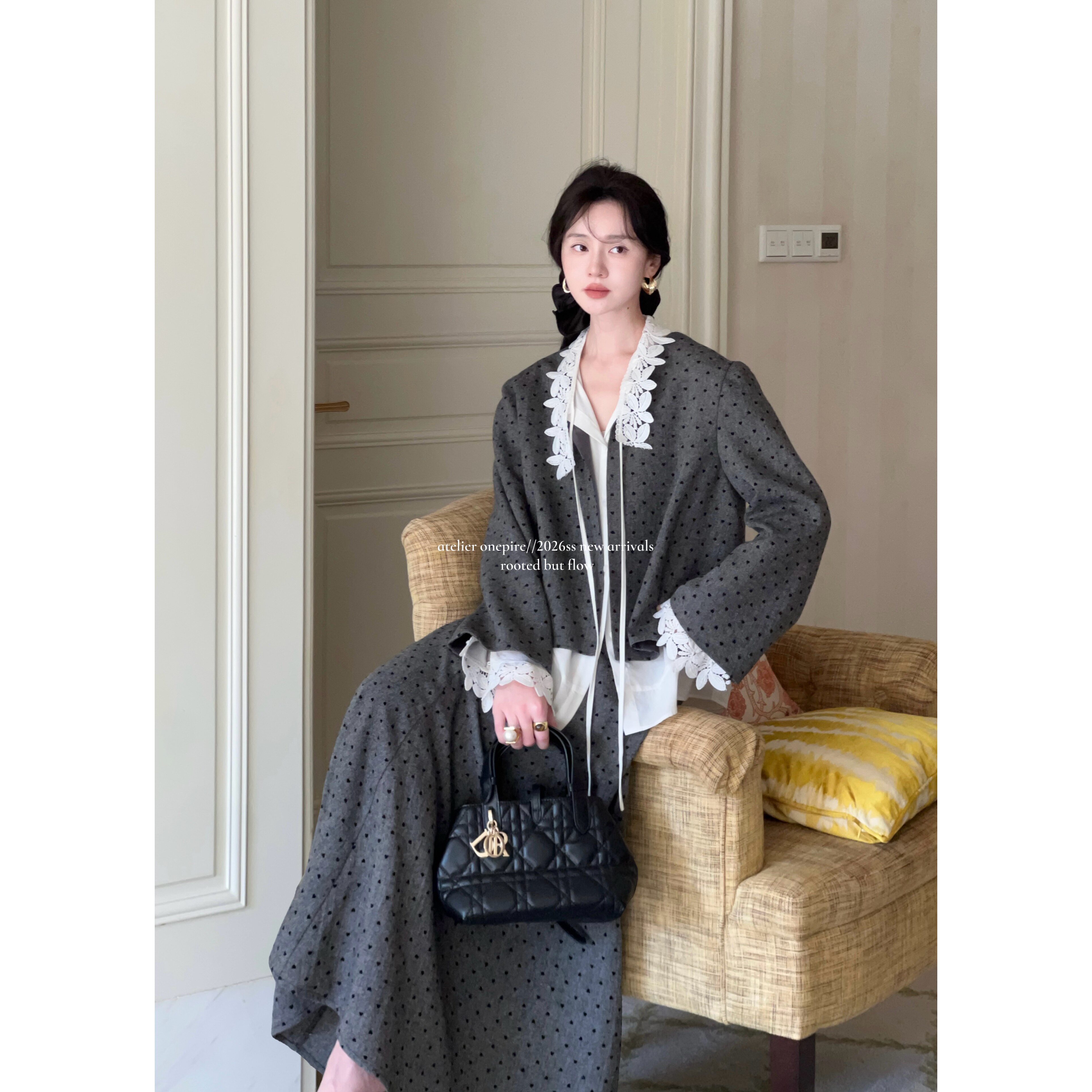 Atelier Onepire|《小奥莉》原创复古赫本风波点毛呢西装半裙套装