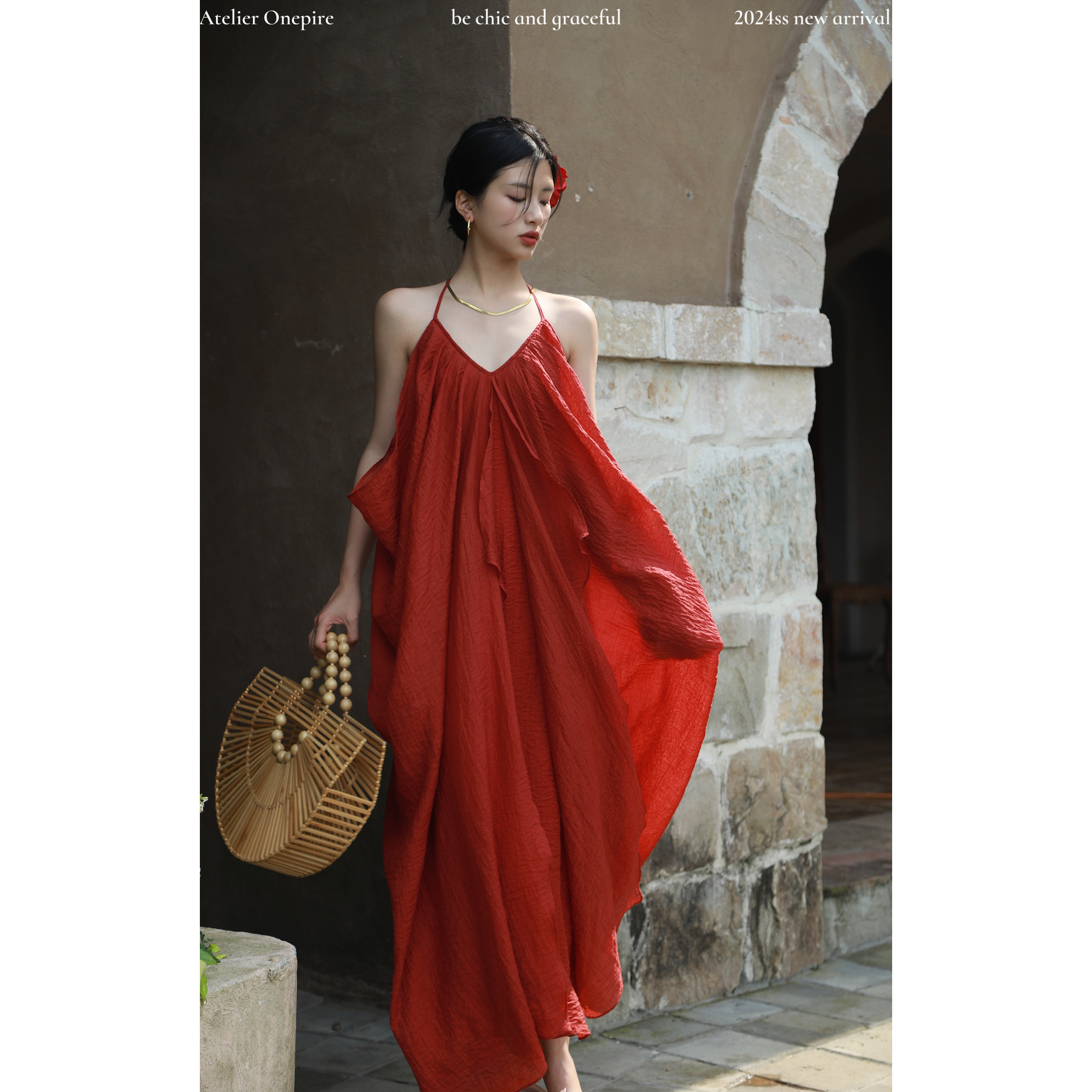 仿苎麻大摆茧型度假连衣裙