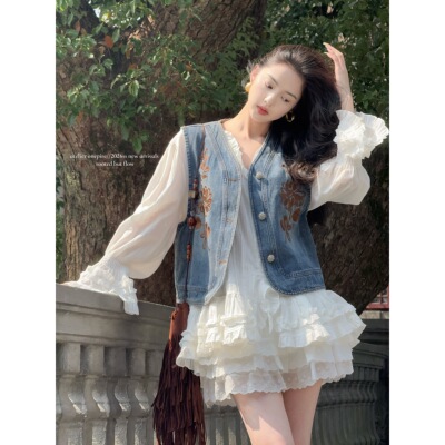 Atelier Onepire|海岛花镜·波西米亚风重工刺绣牛仔马甲半裙套装