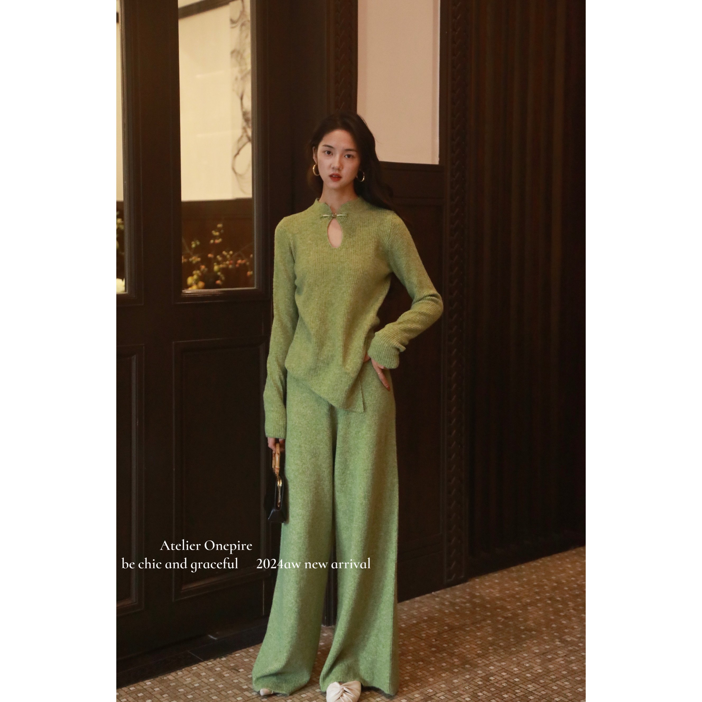 新中式立领不规则毛衣针织裤