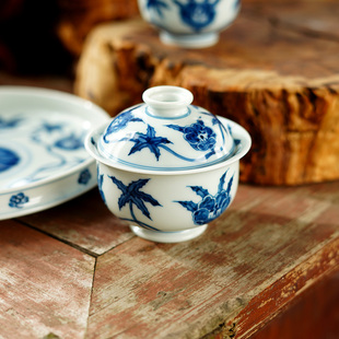 景德镇手工手绘柴窑青花萱草花盖碗120毫升