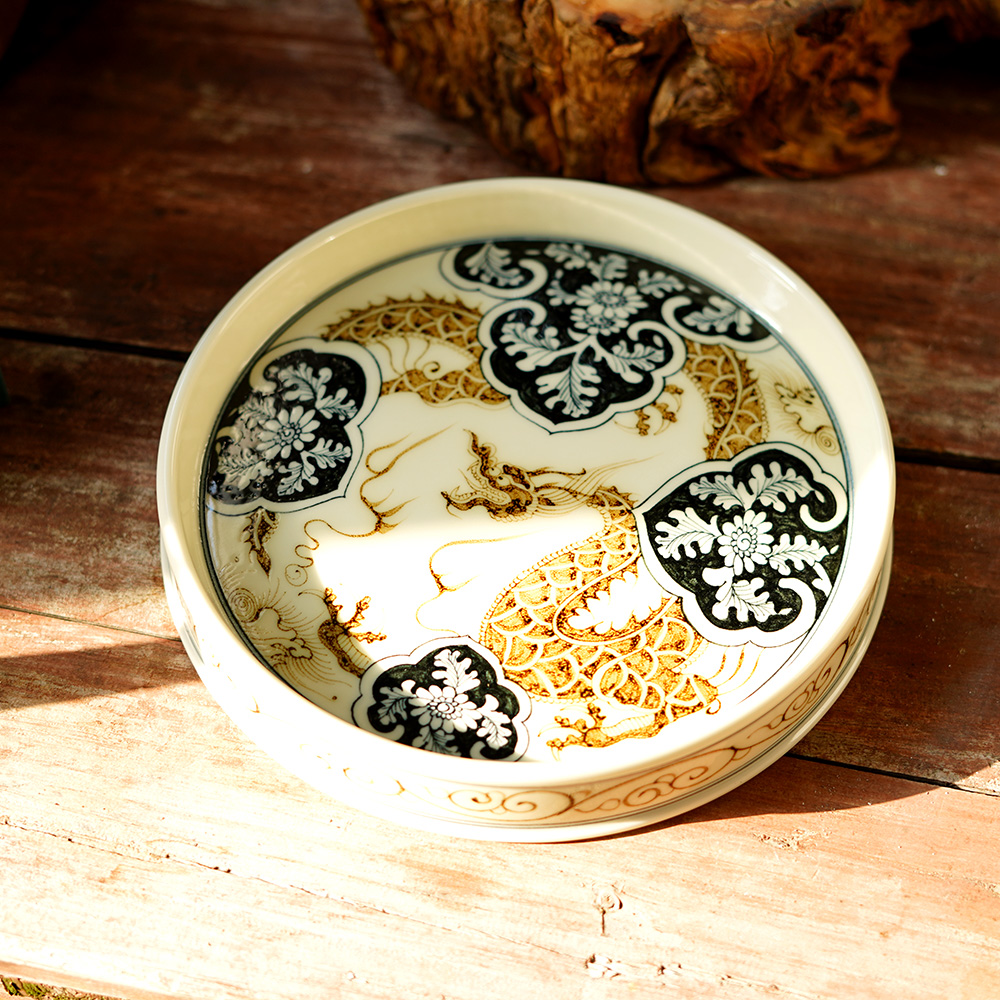 景德镇手工手绘二号釉釉里金穿云龙壶承-17cm