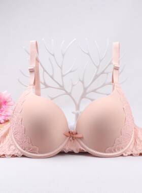 双层蕾丝少女文胸中厚杯小胸聚拢上托有钢圈光面bra收副乳胸罩