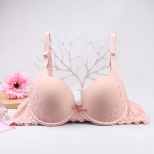 双层蕾丝少女文胸中厚杯小胸聚拢上托有钢圈光面bra收副乳胸罩