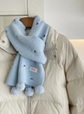 奶油风猫爪镂空小围巾冬季保暖韩版围脖女软绵绵亲肤温柔可爱球球