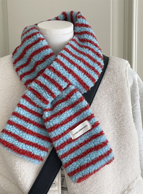 秋冬原创泰迪绒条纹针织短款围巾交叉撞色可爱毛绒秋冬女保暖围脖