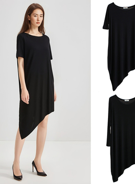 垂坠感斜边莫代尔短袖连衣裙春夏高级感舞蹈服不规则下摆黑色裙子