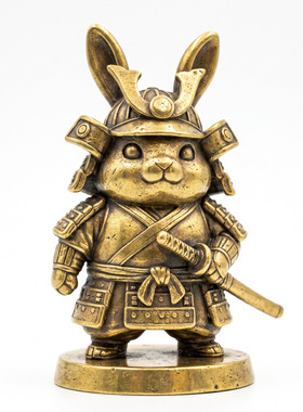实心黄铜武士兔子摆件复古做旧铜茶宠日式甲胄短刀萌兔桌面手办和