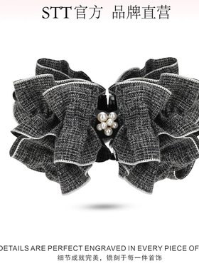 STT韩国小香风珠缀墨褶蝴蝶结发夹女时尚千金风高马尾香蕉夹头饰