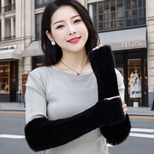 水貂毛编织手套皮草护腕漏指半指弹力袖套保暖假袖子冬女貂皮袖筒