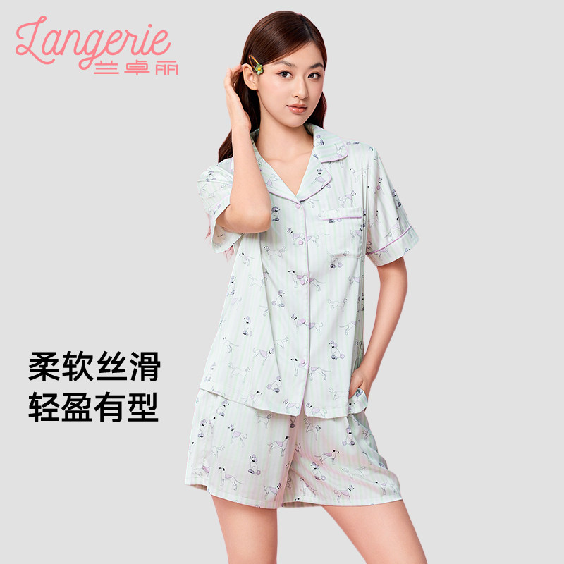 兰卓丽商场同款时尚印花家居服女士套装冰雪丝睡衣短袖短裤可外穿